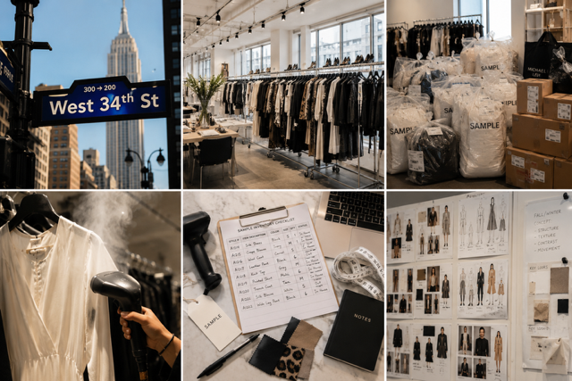 Collage highlighting the key responsibilities of a fashion Sample Coordinator, from receiving and organizing sample deliveries to inventory tracking, garment preparation, steaming clothing, and maintaining merchandising displays throughout a New York City fashion showroom.