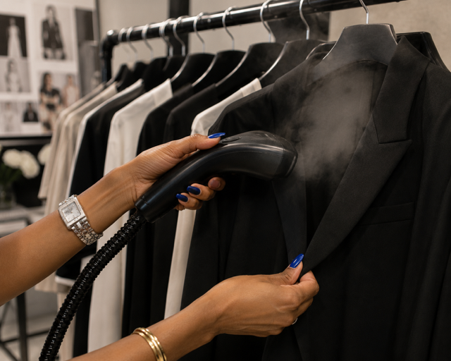 Fashion Sample Coordinator steaming a black blazer on a garment rack inside a fashion showroom, preparing apparel samples for buyer presentations, merchandising reviews, e-commerce photography, and fashion photoshoots while removing wrinkles and ensuring every garment is presentation-ready.