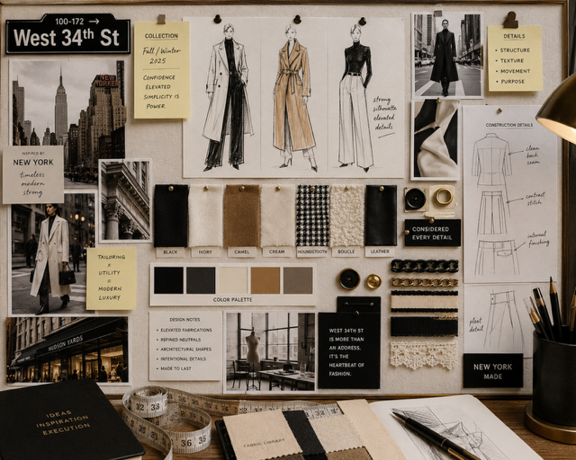 Fashion merchandising inspiration board displayed in a New York City showroom featuring garment sketches, color palettes, fabric swatches, design details, trend inspiration, and seasonal concept planning used to support merchandising, product development, and fashion collection presentations.