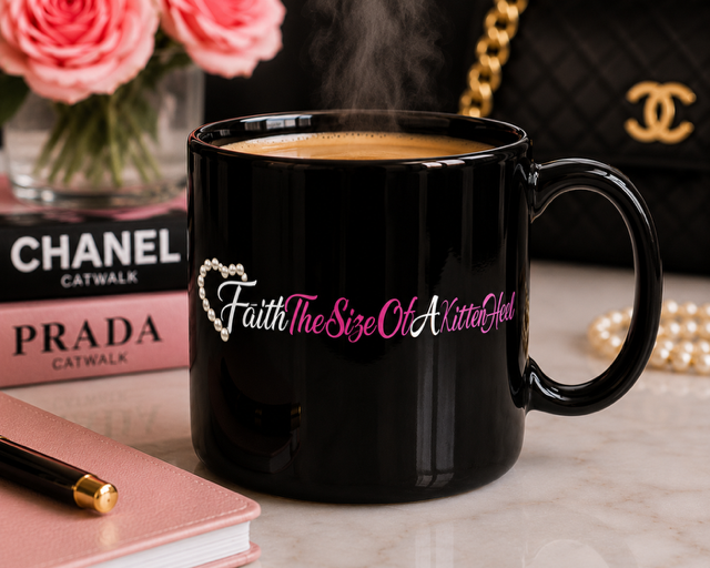 Black coffee mug filled with steaming coffee displayed beside Chanel and Prada fashion books, pink flowers, a designer handbag, pearl accessories, and a notebook, representing an afternoon coffee break before returning to fashion showroom responsibilities.