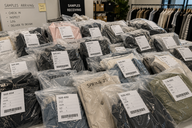 Rows of fashion apparel samples individually packaged in clear poly bags with barcode labels and size information, organized on tables in a showroom receiving area before being checked in for merchandising, photoshoots, and product review