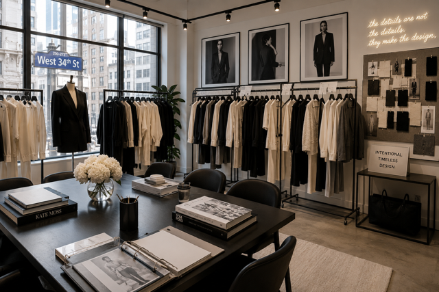 Bright and organized fashion showroom on West 34th Street in New York City featuring neatly displayed apparel collections, showroom racks, design boards, meeting table, and merchandising displays prepared for buyers, client presentations, and seasonal fashion reviews.