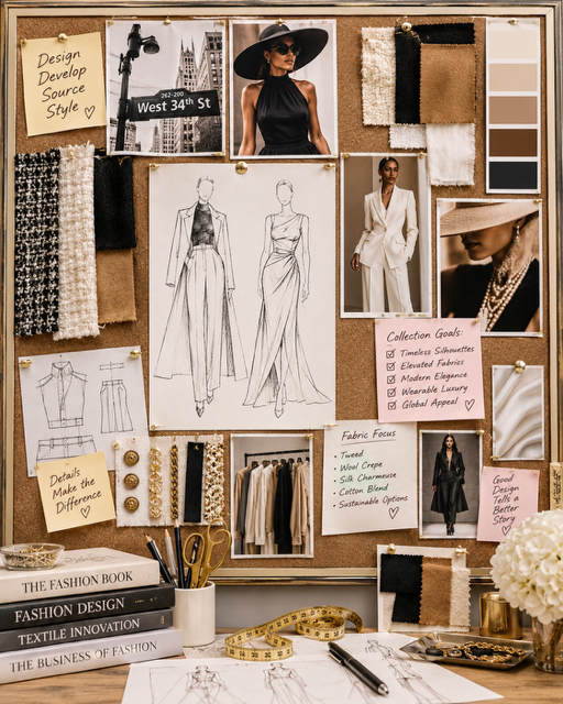 Fashion merchandising storyboard featuring apparel sketches, fabric and texture swatches, color palettes, trend inspiration, and seasonal collection planning materials used to organize merchandise presentations, product development, and showroom displays.