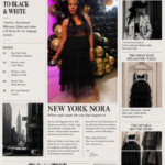 Editorial-style “New York Nora” newspaper collage featuring Lenora of FashionTechNora in a black dress and hat, celebrating timeless black-and-white style and modern New York fashion.