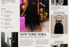 Editorial-style “New York Nora” newspaper collage featuring Lenora of FashionTechNora in a black dress and hat, celebrating timeless black-and-white style and modern New York fashion.