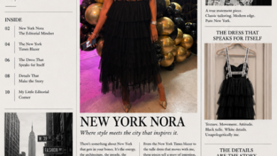 Editorial-style “New York Nora” newspaper collage featuring Lenora of FashionTechNora in a black dress and hat, celebrating timeless black-and-white style and modern New York fashion.