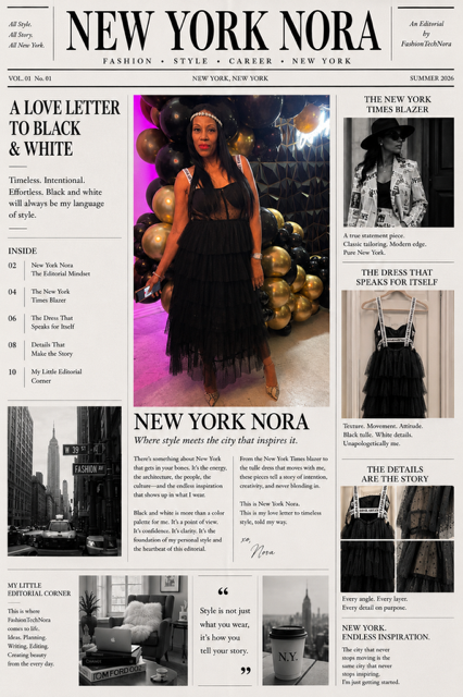 Editorial-style “New York Nora” newspaper collage featuring Lenora of FashionTechNora in a black dress and hat, celebrating timeless black-and-white style and modern New York fashion.