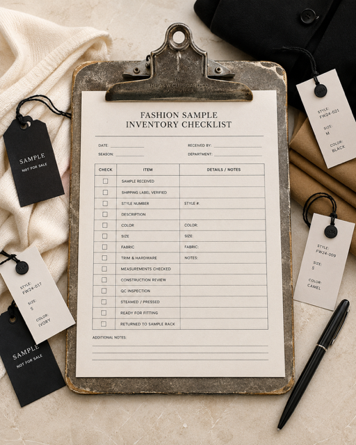 Fashion sample inventory checklist on a vintage clipboard surrounded by garment sample tags, fabric swatches, and apparel labels, representing the inventory verification process used to track incoming fashion samples, identify missing items, and prepare collections for merchandising reviews and photoshoots.
